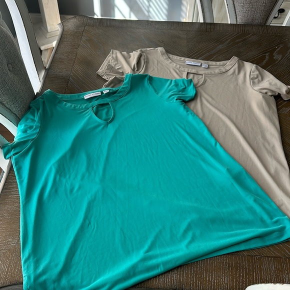 Susan Graver Beige and Teal Tops - Picture 2 of 5